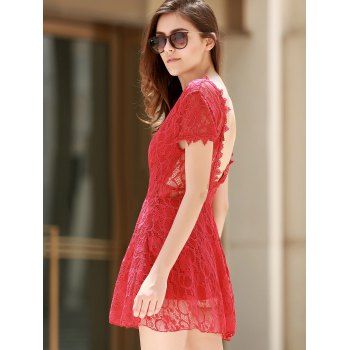 Backless Short Sleeve Lace Dress For Women