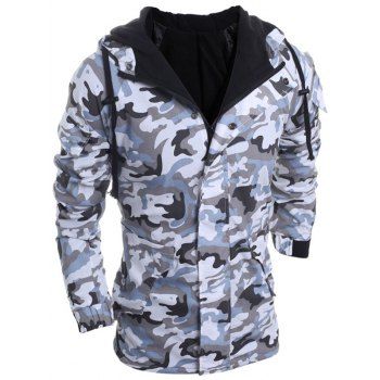Loose Fit Hooded Fashion Multi-Pocket Camo Pattern Long Sleeve Men's Thicken Cotton Blend Coat