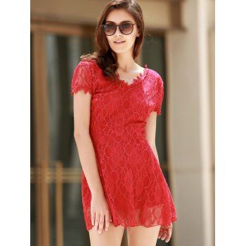 

Backless Short Sleeve Lace Dress For Women, Red