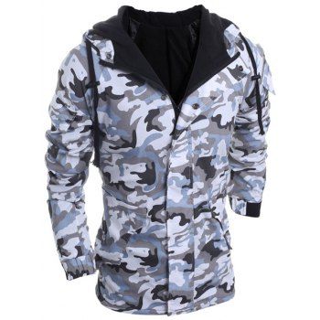 

Loose Fit Hooded Fashion Multi-Pocket Camo Pattern Long Sleeve Men's Thicken Cotton Blend Coat, Light gray