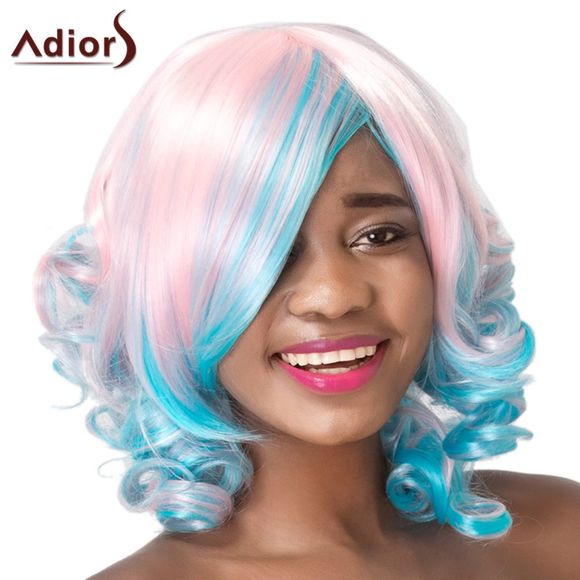 Adiors Curly Bang Side haute température fibre perruque pour les femmes - Bleu et Rose 