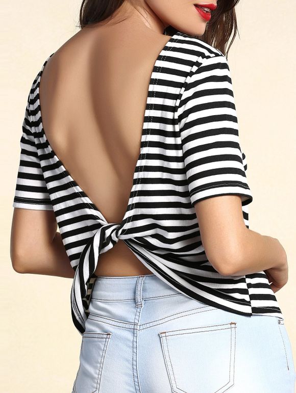 T-shirt rayé à manches courtes Trendy Backless Twist pour les femmes - Blanc et Noir XL