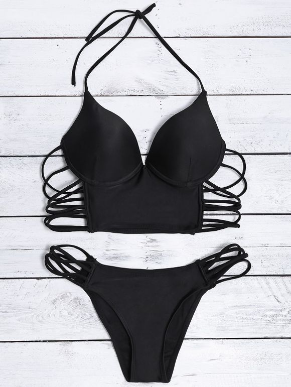 Solide Couleur Halter V-Neck Cut Out Design Bikini - Noir S