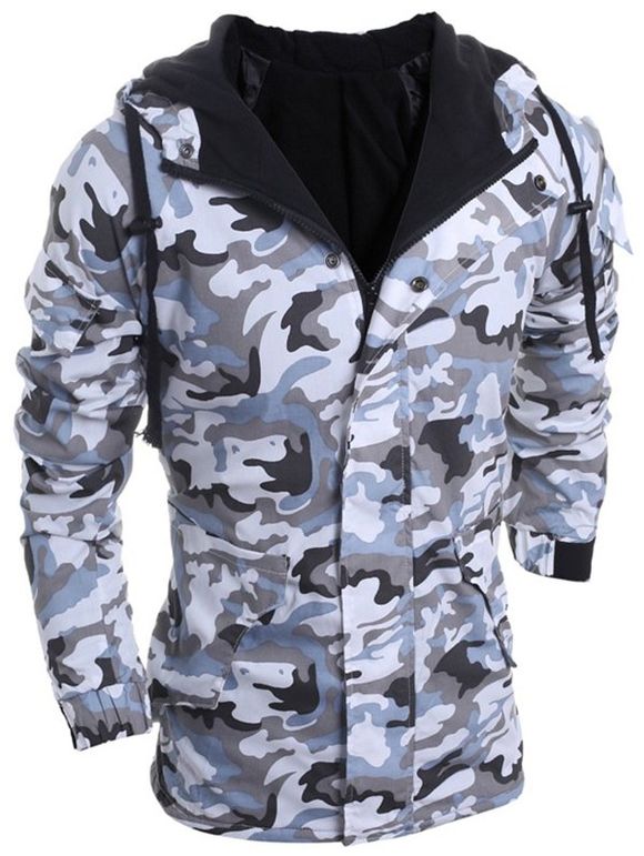 Loose Fit Hooded Fashion Multi-Pocket Camo Pattern Long Sleeve Men's Thicken Cotton Blend Coat - LIGHT GRAY XL