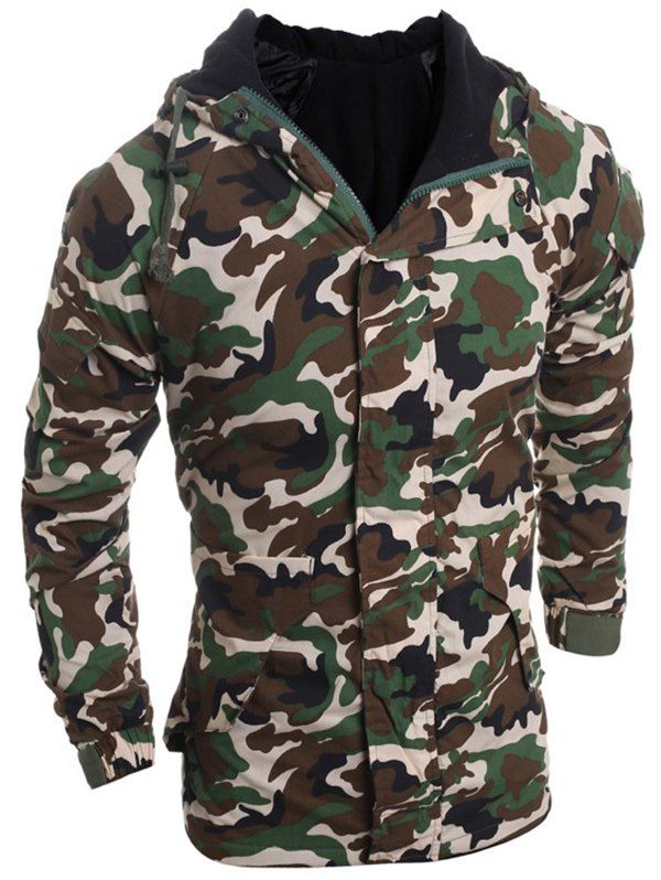 Manteau à Capuche en Coton Mélangé à Manches Longues à Motif Camouflage avec Multi-Poches Pour Homme - Vert Armée M