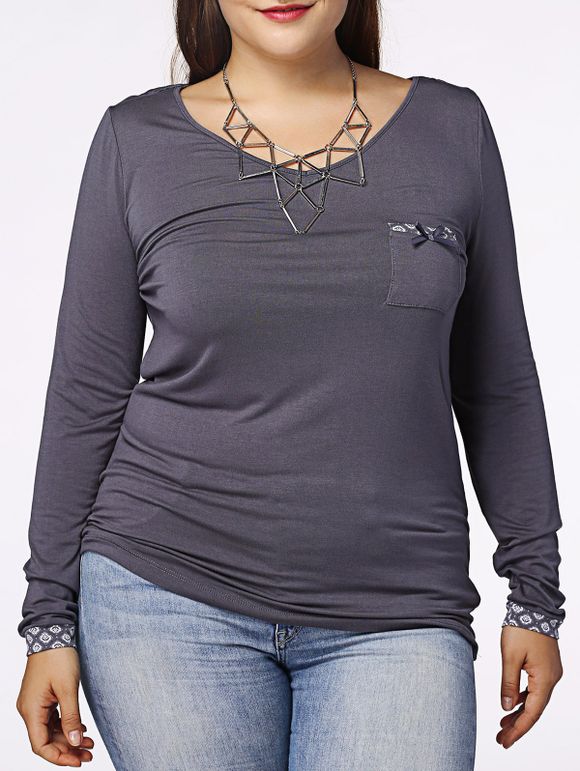 Casual Plus Size Spliced Scoop Neck Long Sleeve Women's T-Shirt - Gris 3XL