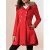 Fur Embellished Polo Callor Double-breasted Waisted Long Sleeves Slimming Women's Coat - Rouge M