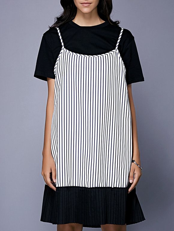Stripes Imprimer élégant col rond couleur Splicing femme d  'False Two Piece Dress - Blanc et Noir ONE SIZE(FIT SIZE XS TO M)
