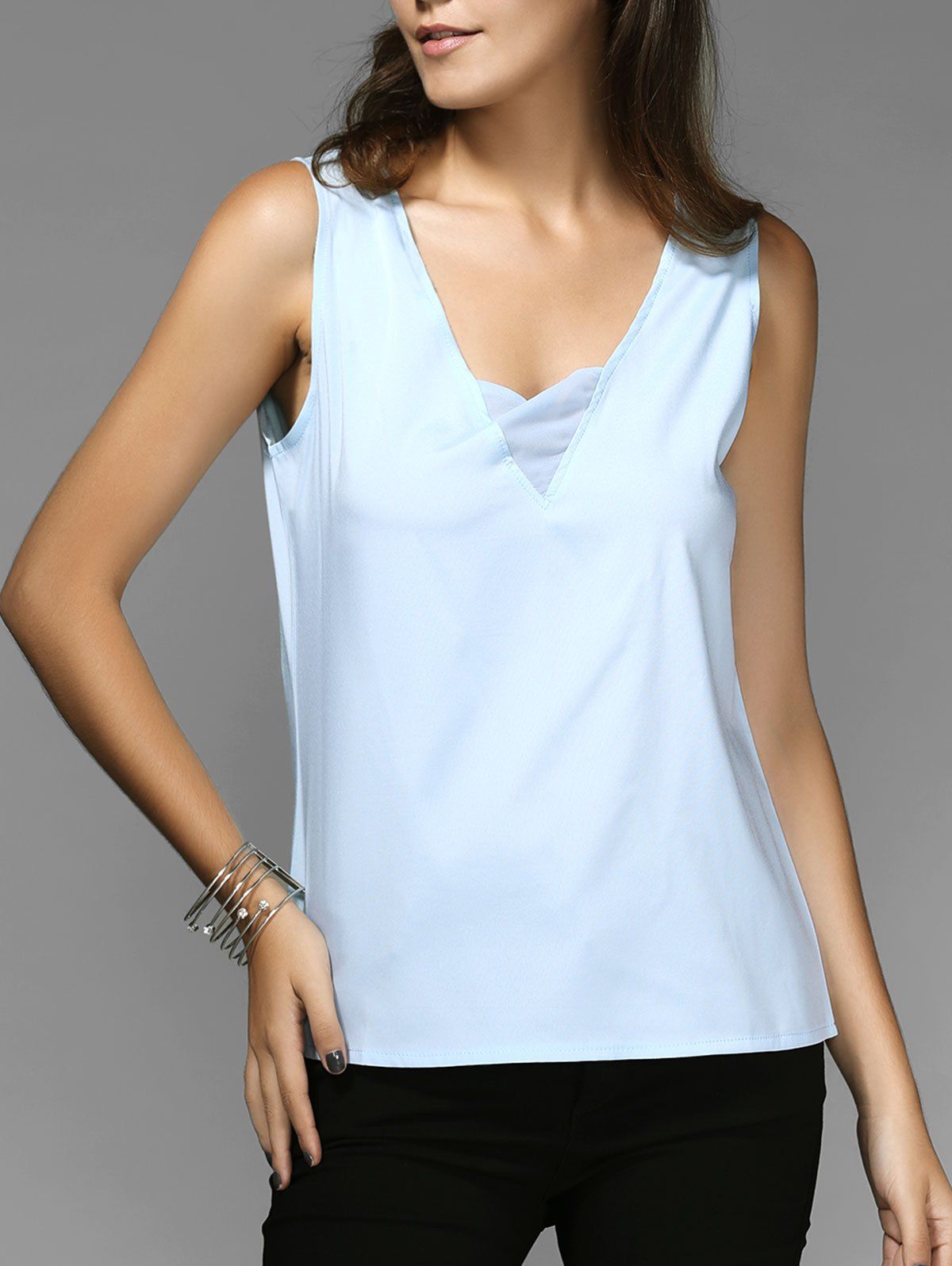 

V-Neck Sleeveless Spliced Chic Chiffon Women' Tank Top, Light blue