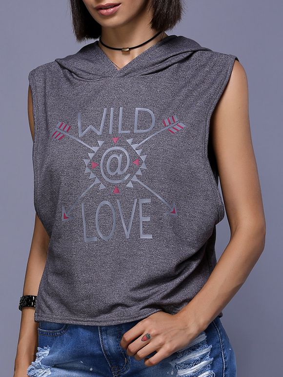 Stylish Hooded Print Sleeveless T-Shirt For Women - Gris XL