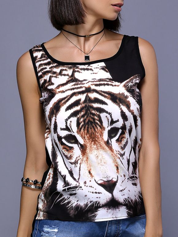 Élégant Tiger Imprimer Débardeur en mousseline de soie pour les femmes - Noir XL