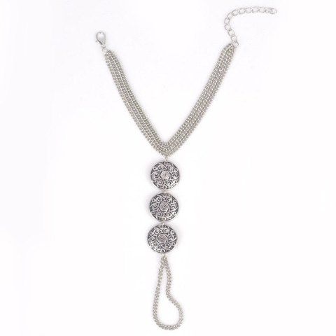 Style rétro Calque Sculpté Conception Bracelet Coin avec anneau pour les femmes - Argent 