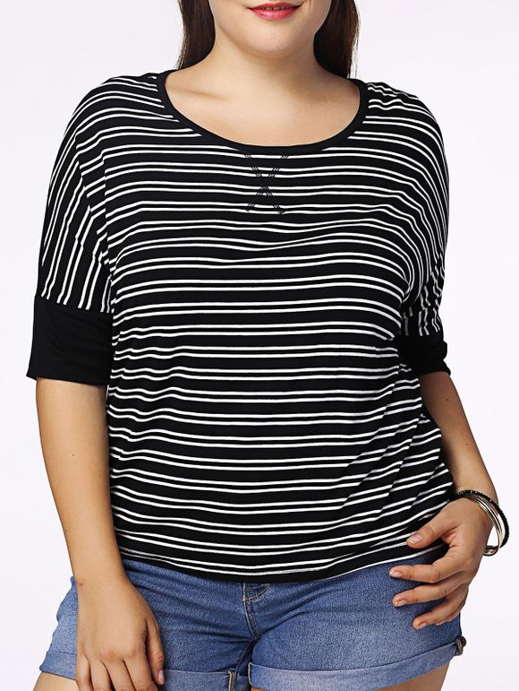 Casual Plus Size Striped Half Sleeve Scoop Neck Women's T-Shirt - Noir 5XL