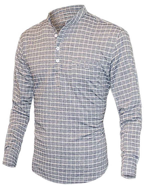 Plaid Print Half-Button Design Stand Collar Long Sleeve Men's T-Shirt - Gris L