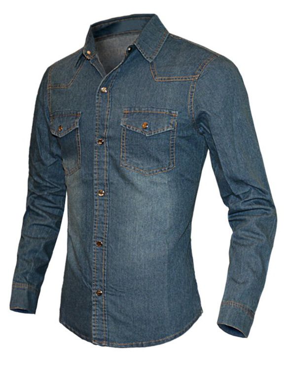 Solid Color Turn-Down Collar Long Sleeve Denim Men's Shirt - Bleu Toile de Jean XL