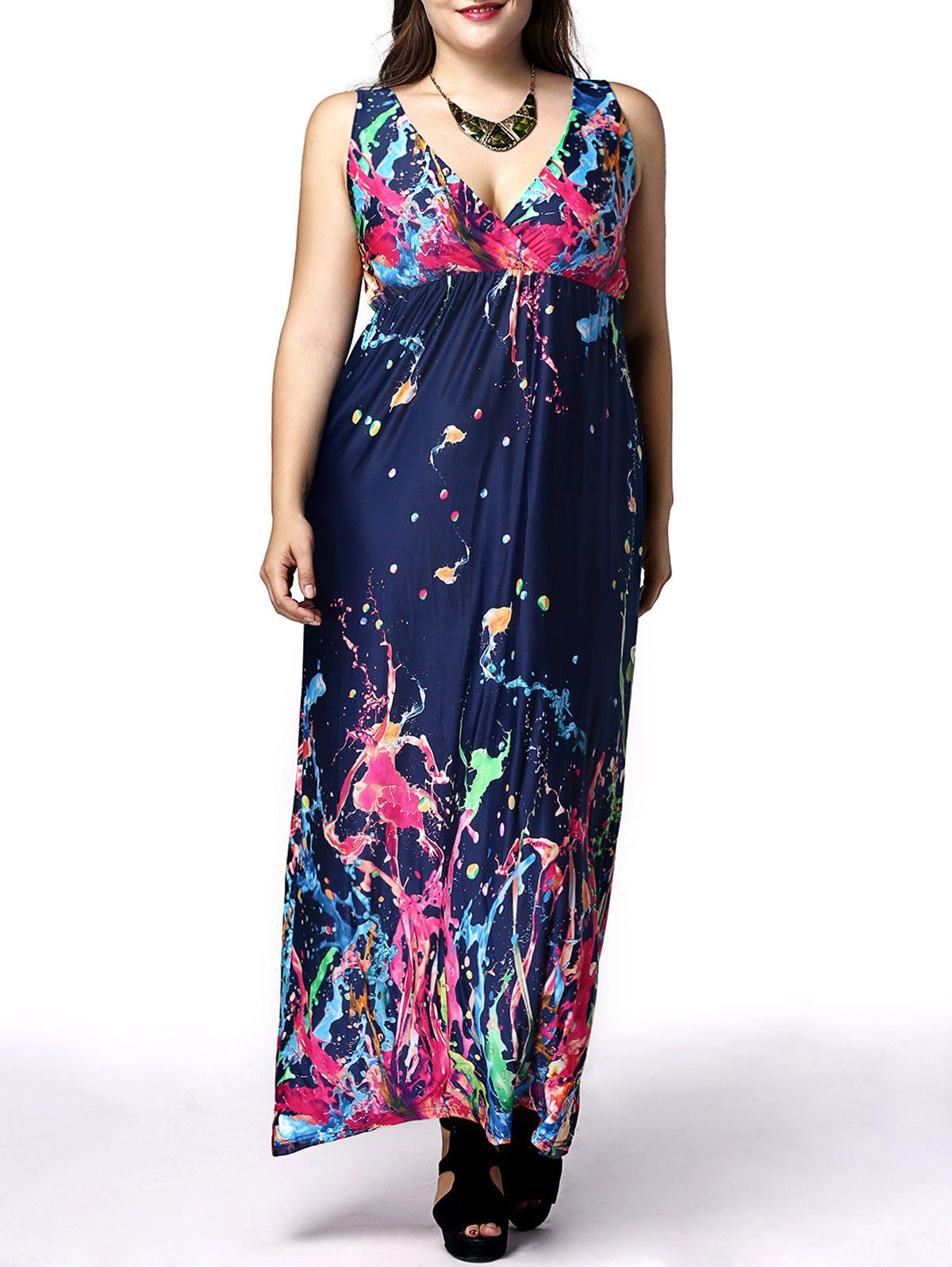 

Plus Size Plunging Neck Scrawl Print Dress, Rose