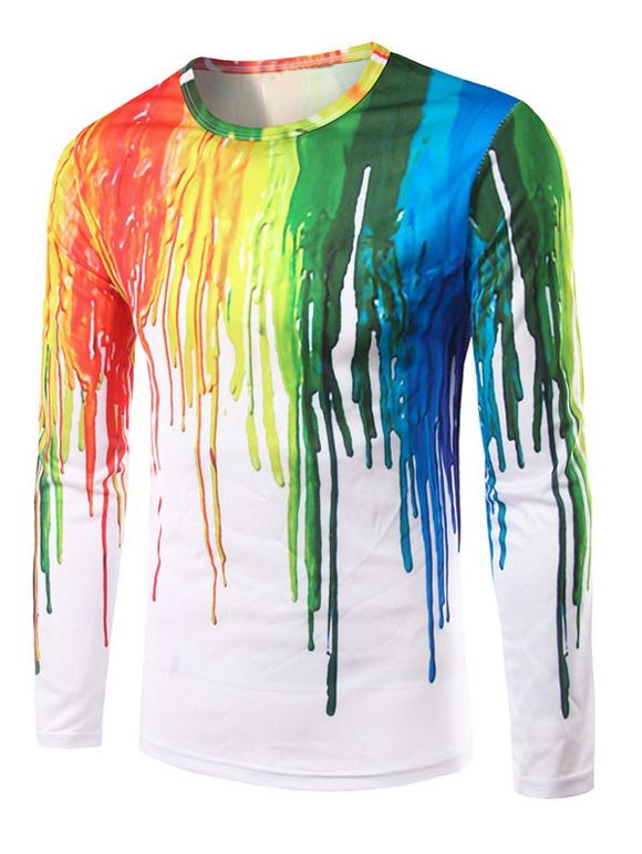 T-shirt à Peinture éclaboussée Colorée 3D à Manches Longues - multicolore M