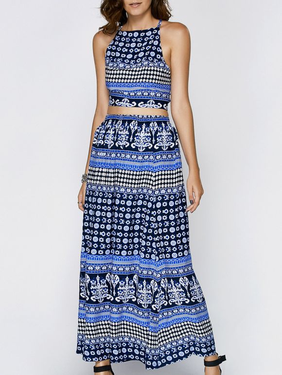 Stylish Women's Printed Backless Top + Maxi Skirt Twinset - Bleu 2XL