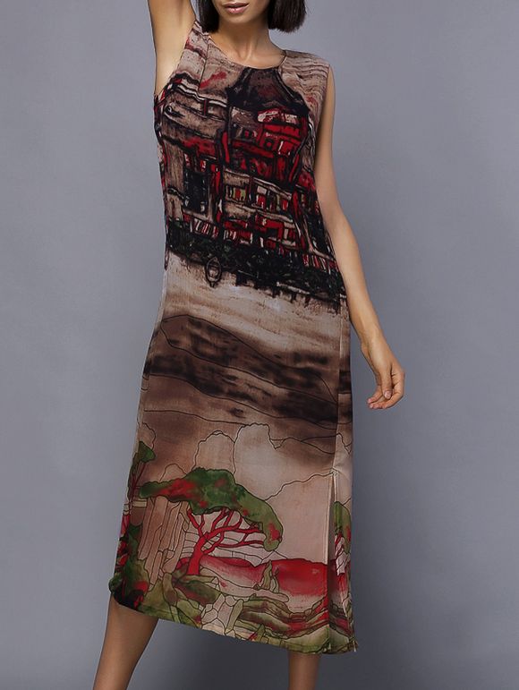 Scoop Neck Sleeveless Printed Midi Dress s 'Casual femmes - Kaki 4XL
