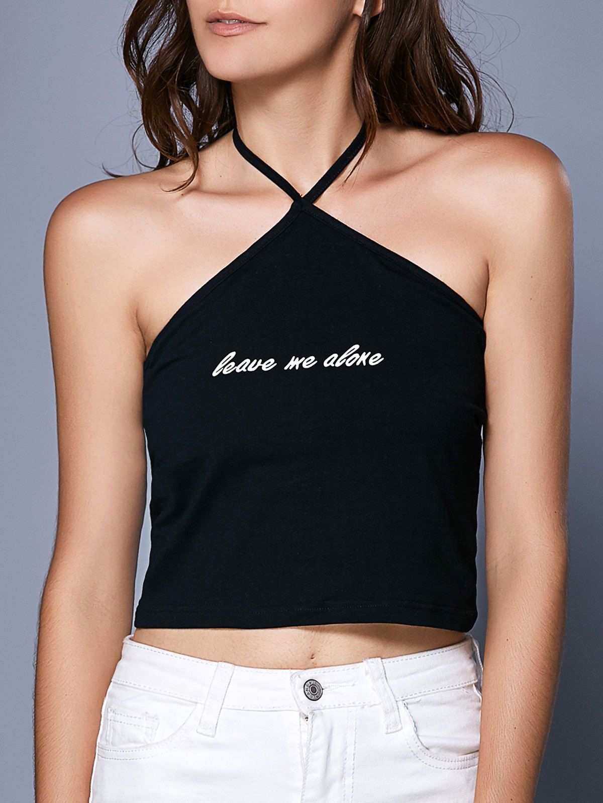 

Fashionable Women's Halter Neck Letter Print Women's Crop Top, Black