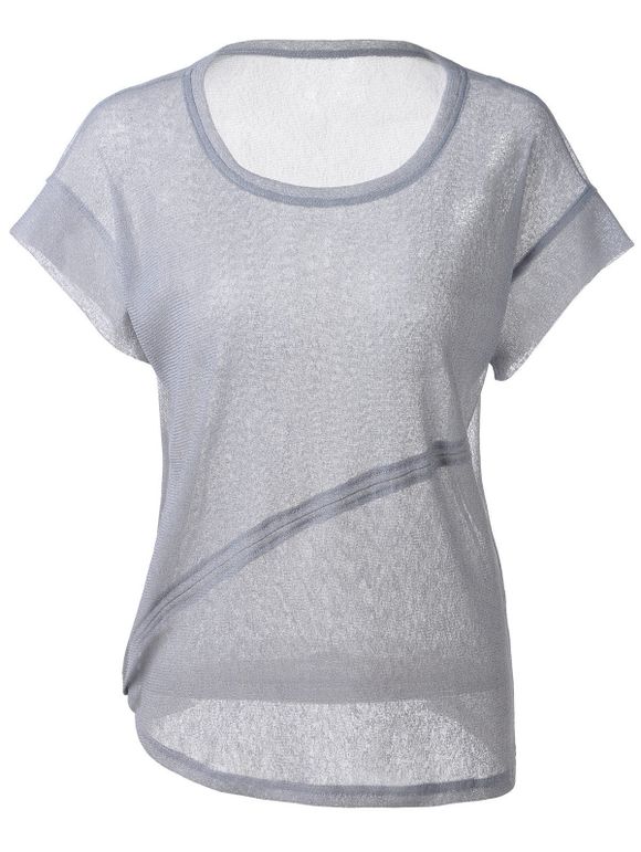 Ample encolure dégagée Cut-Off Règle T-shirt des femmes à la mode d  ' - Bleu gris L