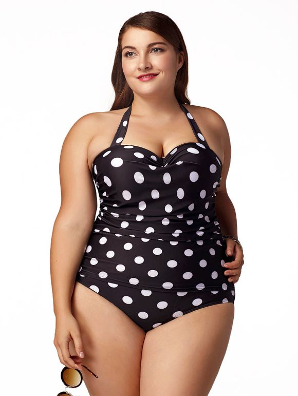 s 'Retro femmes Style  Plus Size Polka Dot Halter One-Piece Maillots de bain - Noir L