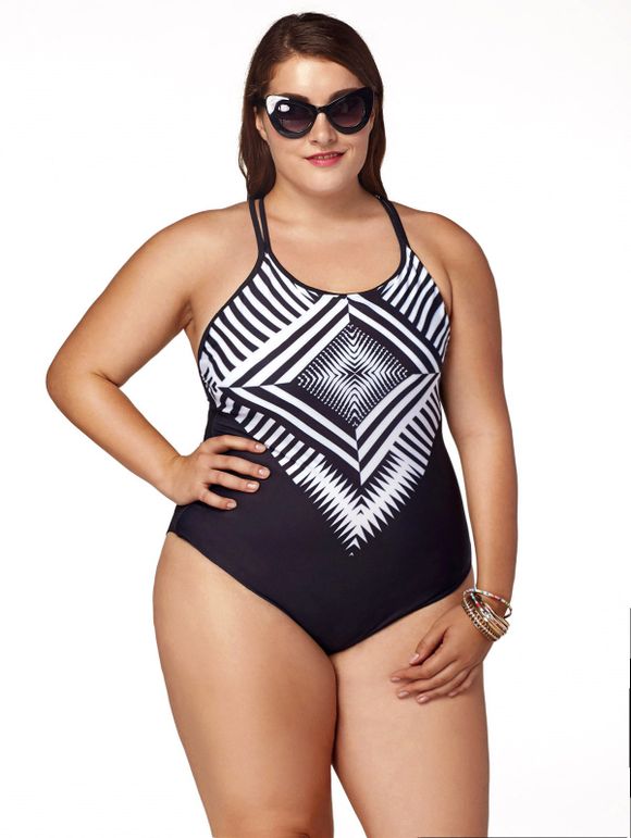 Élégant Women 's  Plus Size Jewel Neck motif géométrique One-Piece Swimsuit - Noir S