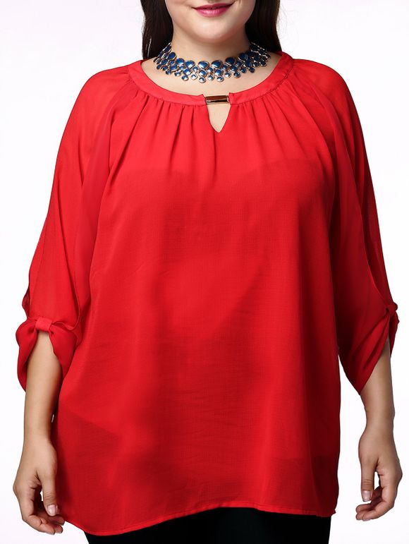 Mode à encolure dégagée à manches 3/4 plissé Blouse rouge pour les femmes - Rouge XL