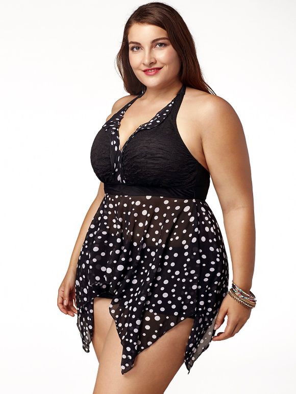 Trendy femmes s 'Plus Size Polka Dot Halter Motif  Two-Piece Swimsuit - Noir L