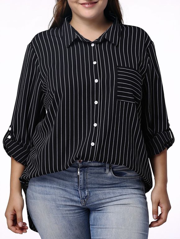 Casual Pinstriped 3/4 Sleeve Plus Shirt Taille pour les femmes - Noir XL