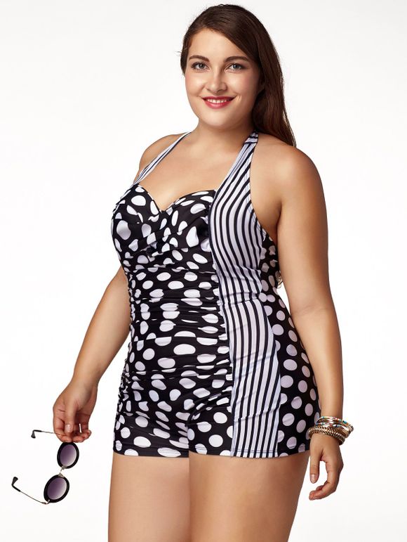Femmes Chic  's Plus Size Halter Polka Dot Imprimé One-Piece Maillots de bain - Blanc et Noir S