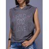 Stylish Hooded Print Sleeveless T-Shirt For Women - Gris XL