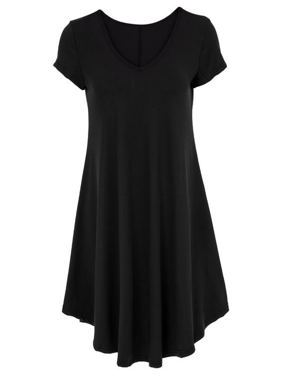 V-cou à manches courtes robe hérissée de style décontracté Femmes - Noir 2XL