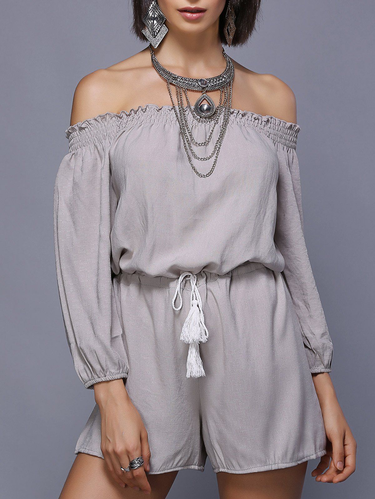 

Stylish Women's Off The Shoulder Long Sleeve Drawstring Romper, Gray