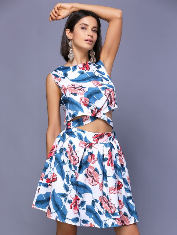 Stylish Women's Round Neck Floral Print Top and Skirt Set - Bleu ONE SIZE(FIT SIZE XS TO M)