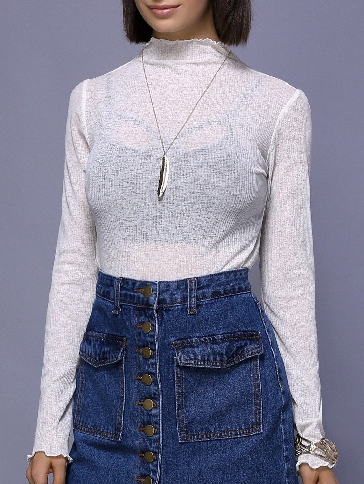 

Simple Design Women's Stand Neck Long Sleeve See-Through Top, White