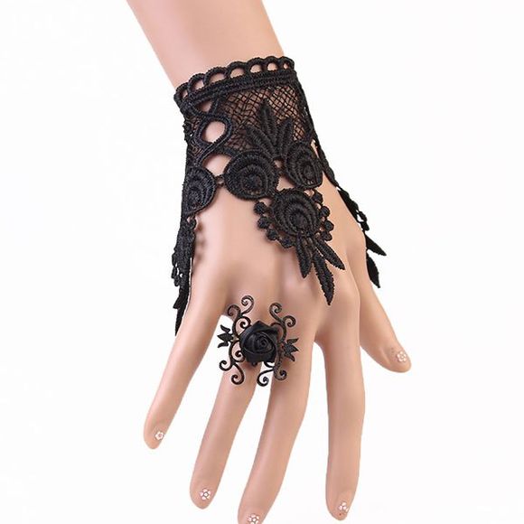 A Suit of Elegant Rose Hollowed Black Lace Bracelet and Ring For Women - Noir 