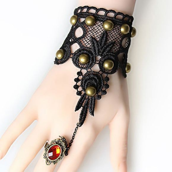 Elegant Faux Crystal Rivet Hollowed Lace Bracelet with Ring For Women - Noir 