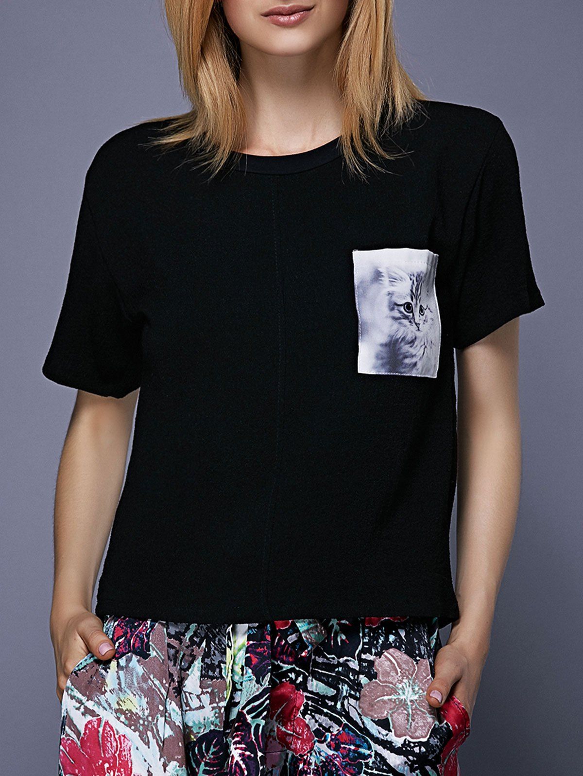 

Trendy Women's Round Neck Short Sleeve Cat Pattern T-Shirt, Black