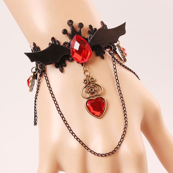 Elegant Faux Ruby Bat Heart Tassel Hollowed Lace Bracelet For Women - Noir 