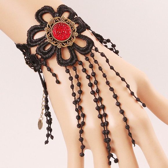 Elegant Faux Gem Flower Tassel Hollowed Lace Bracelet For Women - Noir 