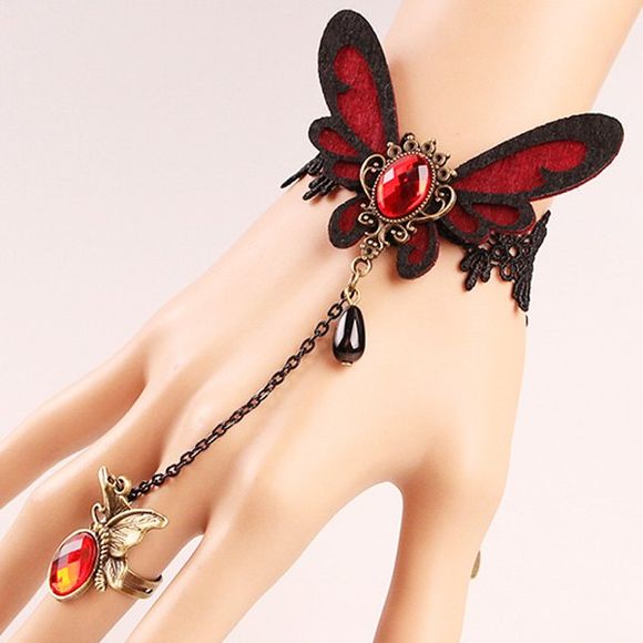 Élégant Faux Ruby Papillon Hollowed Bracelet dentelle avec anneau pour les femmes - Rouge 