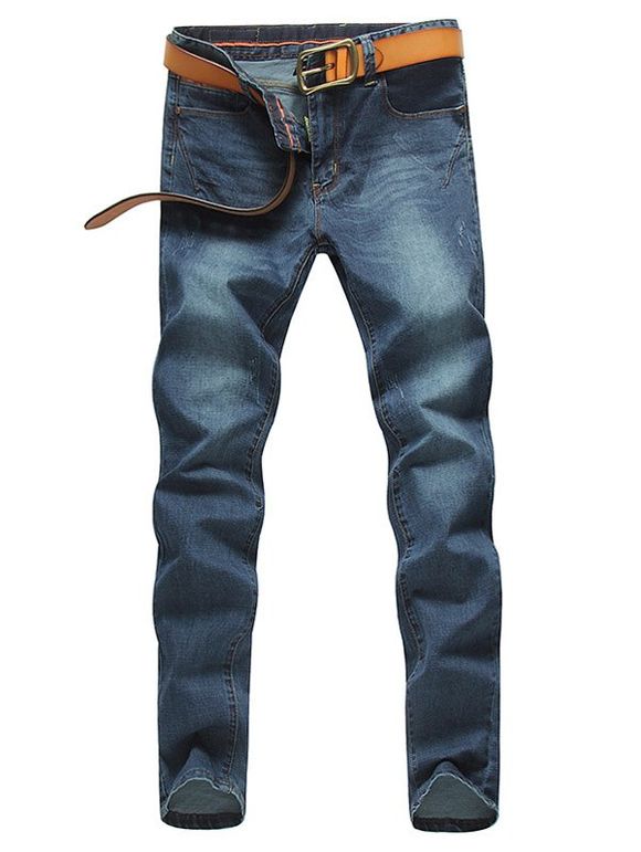 Élégant jambe droite Bleach Wash Zipper Fly Jeans Pour Hommes - Bleu profond 32
