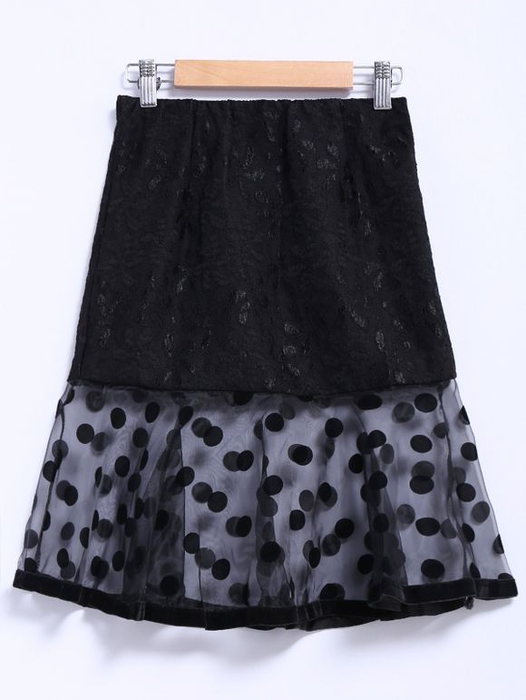 Women's Graceful Polka Dot Print Ruffles Organza Splicing Black Skirt - Noir L