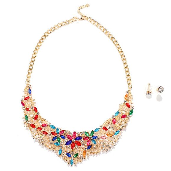 Exaggerated Colorized Faux Gem Rhinestone False Collar Necklace and Earrings For Women - d'or 