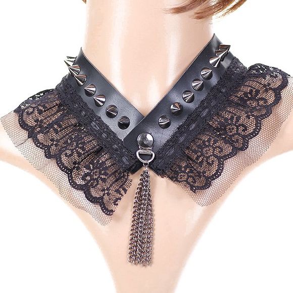 Stylish Rivet Tassel Hollowed Lace Fake Collar Necklace For Women - Noir 