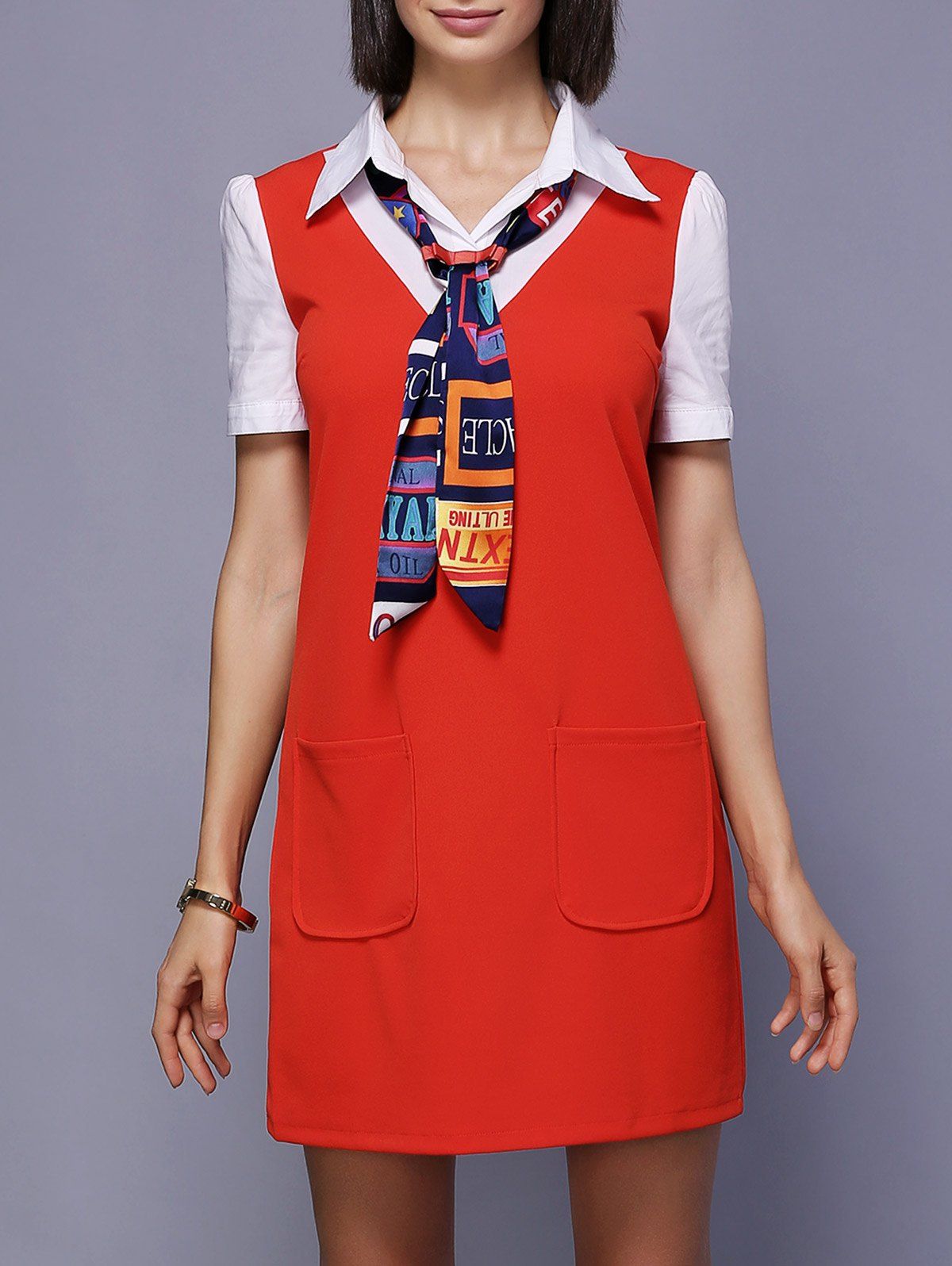 

OL Style Turn-Down Collar Splicing Short Sleeve Casual Dress For Women, Red