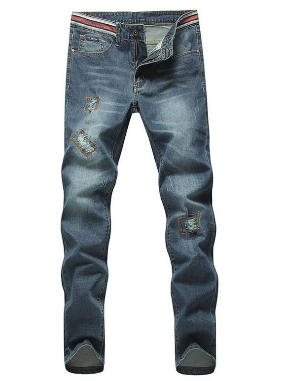 Élégant Straight Leg Bleach Wash Zipper Fly Ripped Jeans pour les hommes - Bleu profond 28