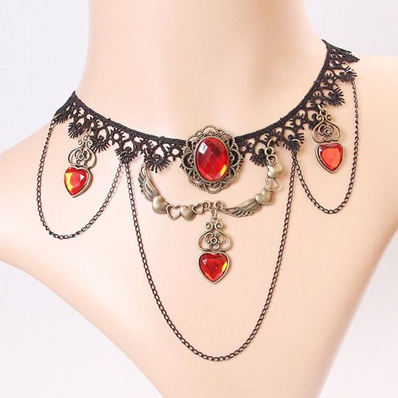Elegant Faux Ruby Heart Wing Tassel Hollowed Lace Necklace For Women - multicolore 