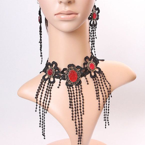 A Suit of Elegant Faux Gem Flower Long Tassel Lace Necklace and Earrings For Women - Rouge et Noir 